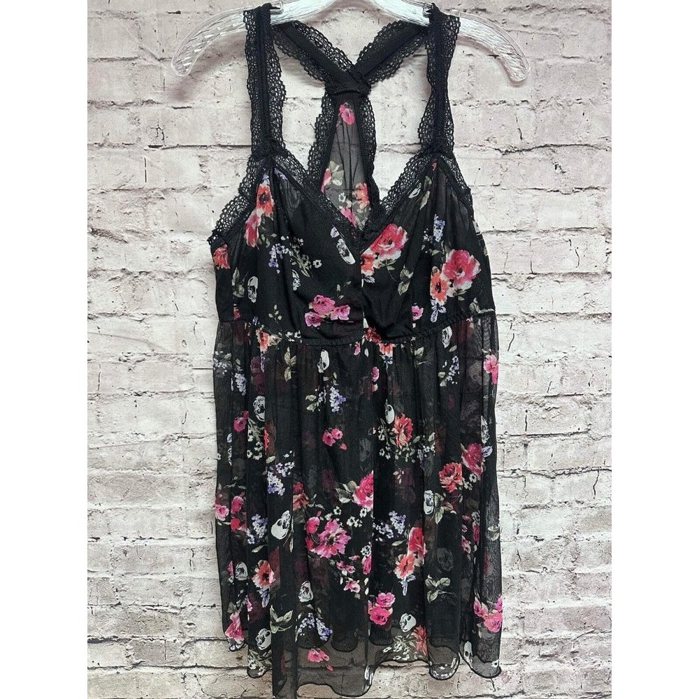 Torrid Women’s Baby Doll Lingerie Sheer Black Skull Floral No Size 1 Or 2?